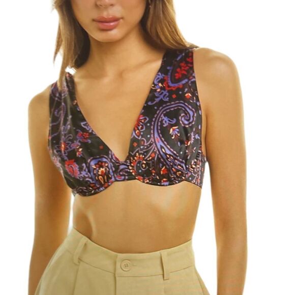 DANIELLE BERNSTEIN Women’s Paisley Underwire V-Neck Top/Bralette Black Size XS - Picture 1 of 13